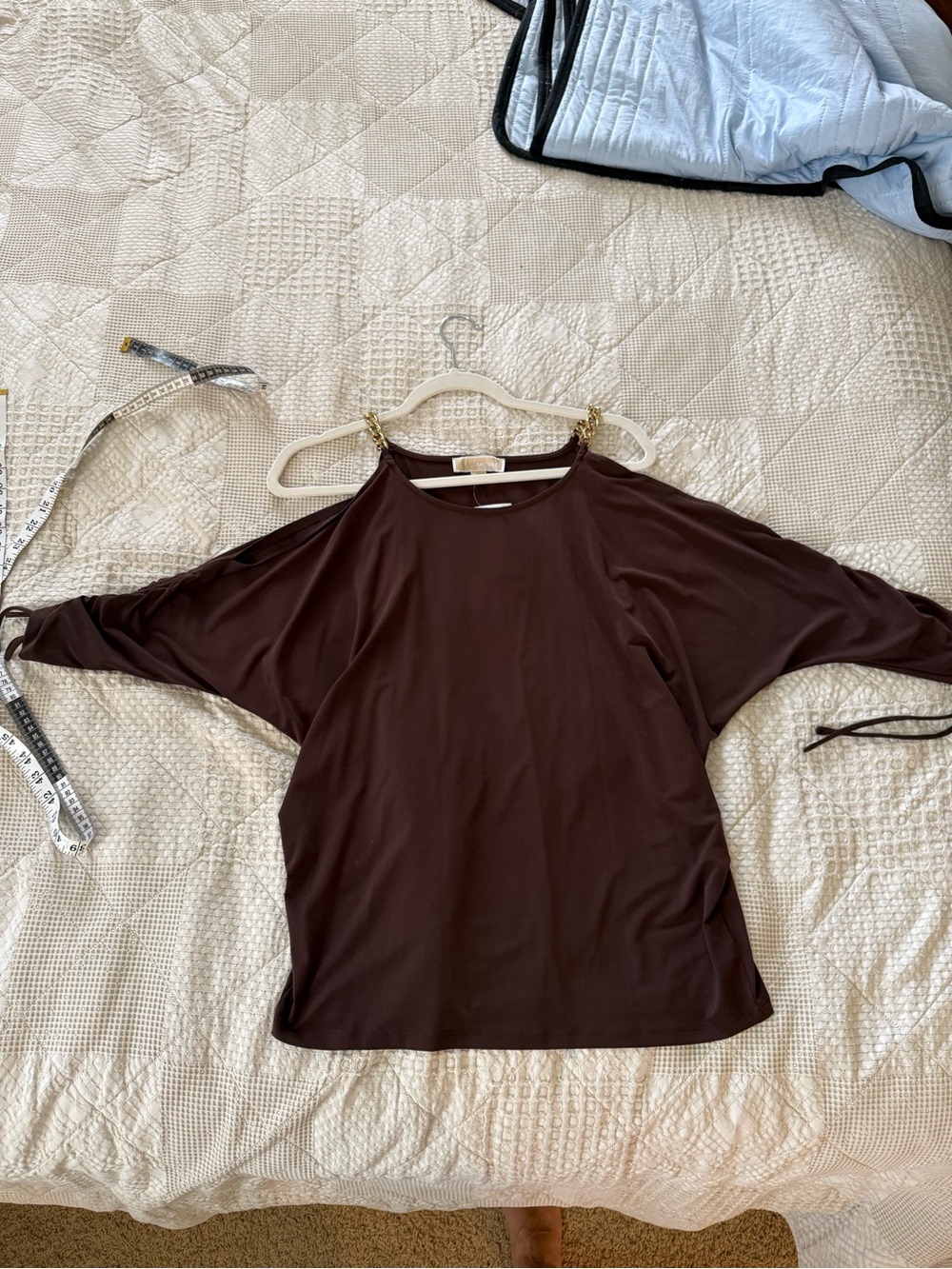 Michael Kors Dark Brown Cold-Shoulder Top with Chain Straps